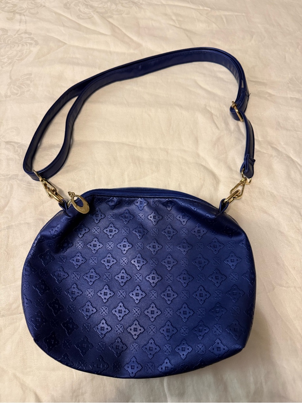 Structured Navy Crossbody Bag with Embossed Pattern